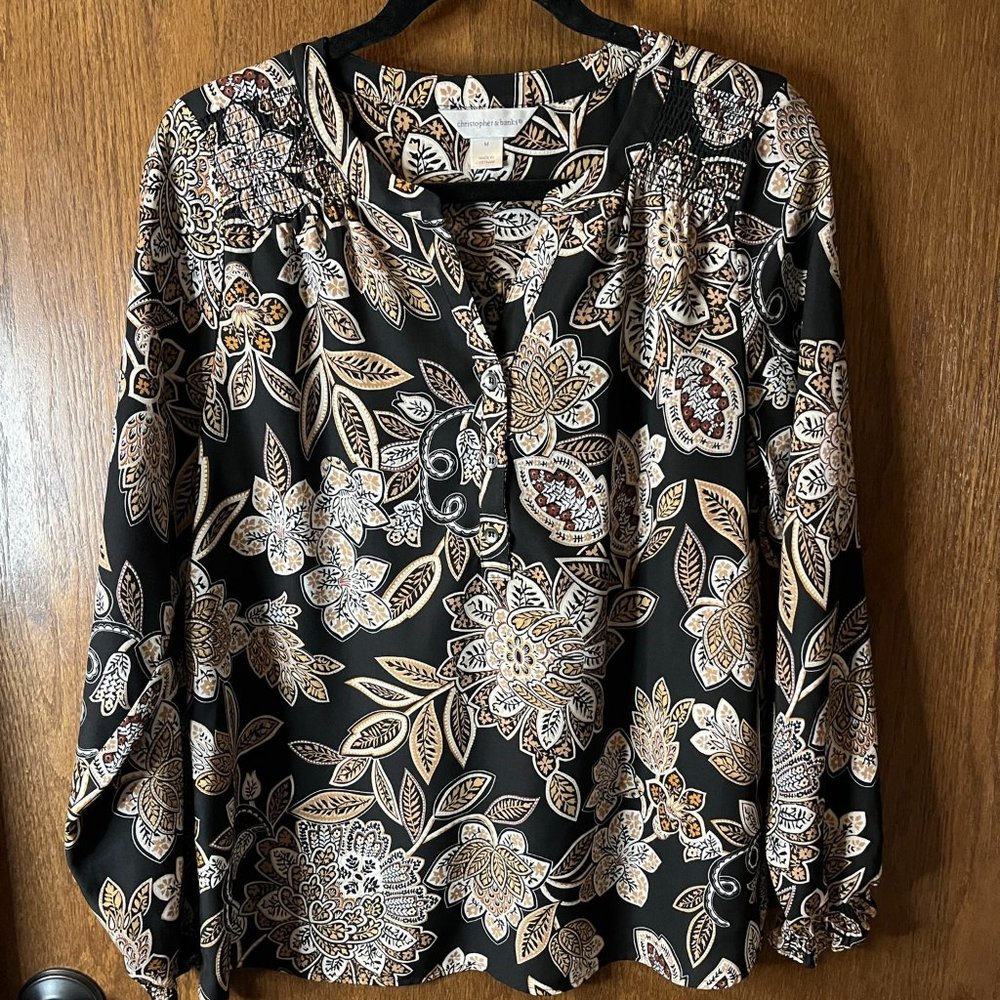 Christopher & Banks black, tan and brown blouse, sz M